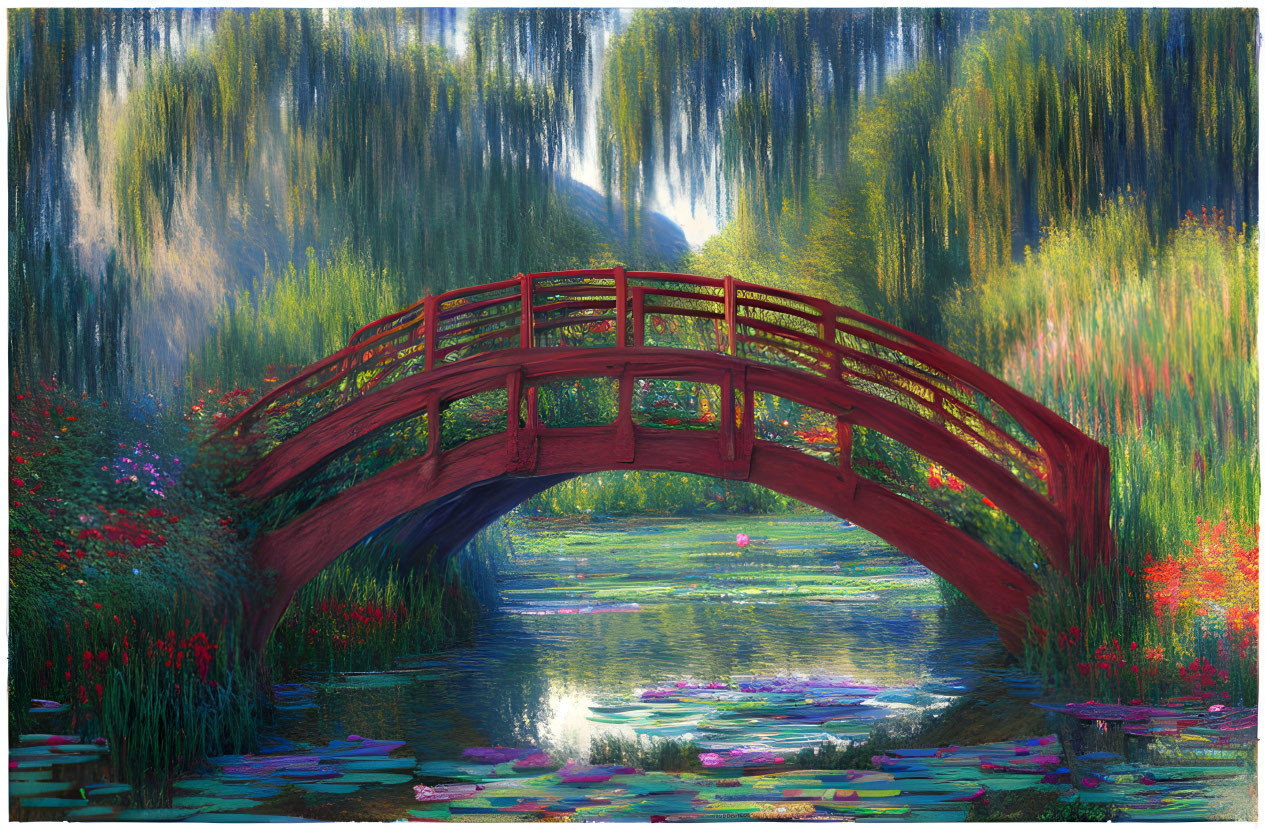 Tranquil painting of red arched bridge over lily pond