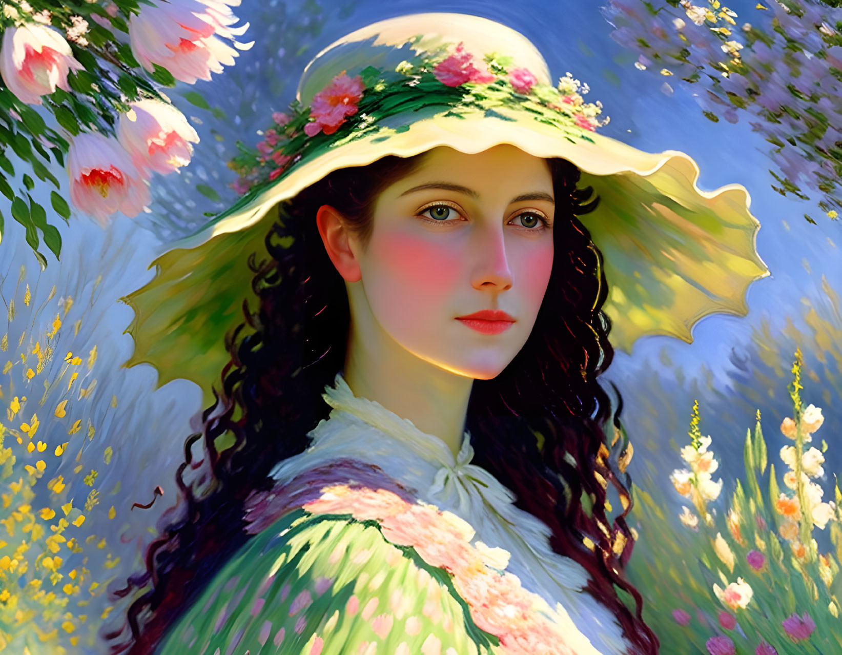 Portrait of a Woman in Floral Hat Surrounded by Nature