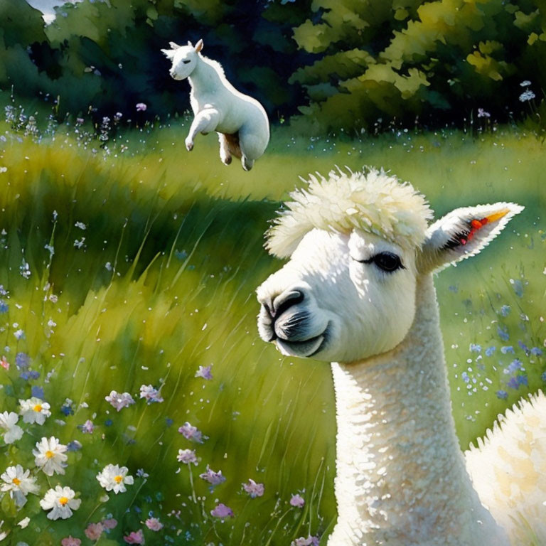 White alpaca and tiny unicorn in sunlit meadow with wildflowers