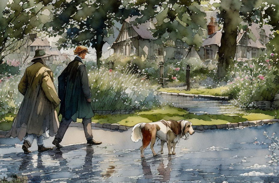 Two people walking a dog near a stream with a house and greenery.