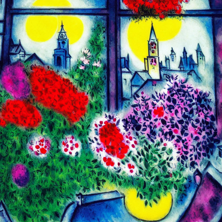 Colorful stained glass-style painting of a whimsical village scene