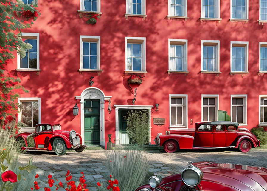 Red Building with Green Shutters, Ivy, Classic Cars, and Red Flowers