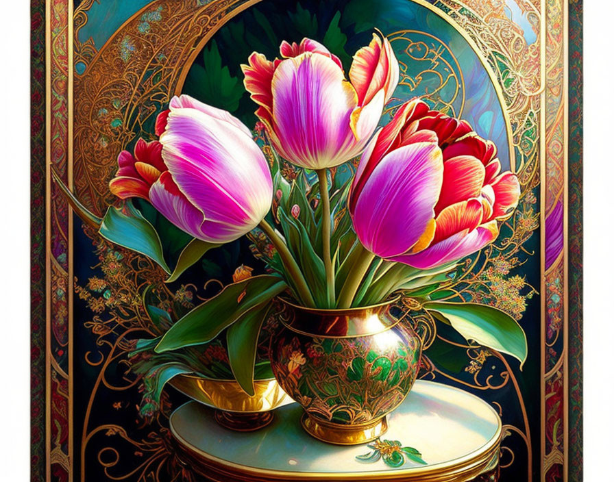 Colorful Tulips in Decorative Vase on Round Table with Gold Patterns