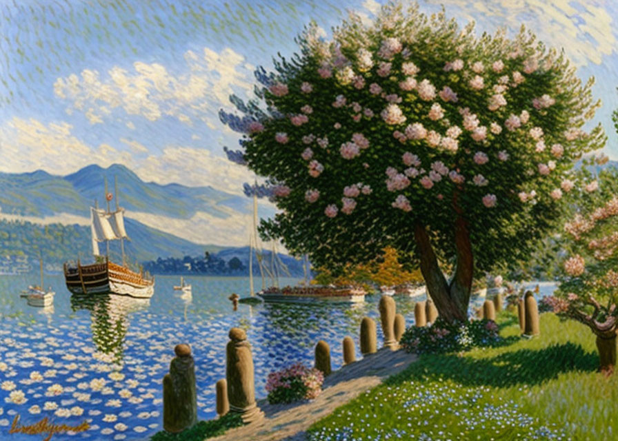 Tranquil lakeside scene with blooming tree, sailboats, mountains, and blue sky