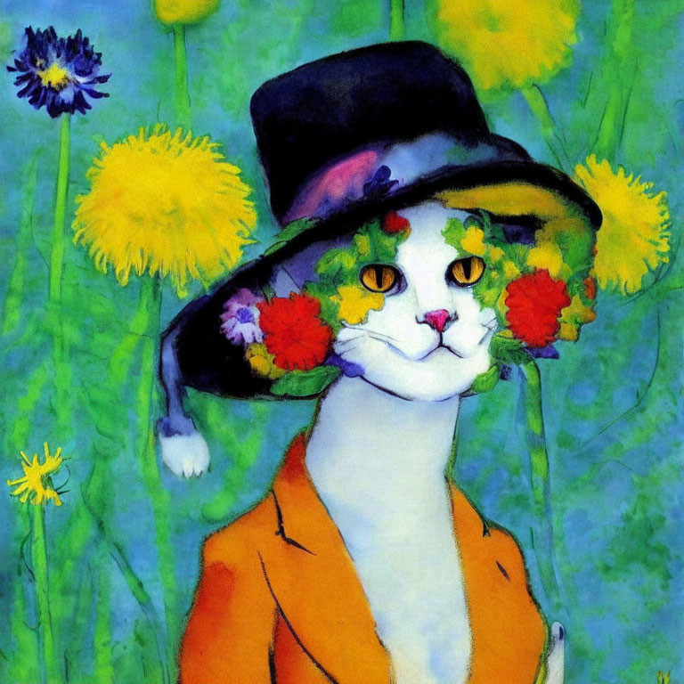 Sophisticated cat in hat and suit on blue background with flowers