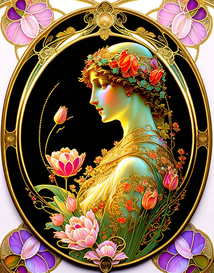 Art Nouveau style illustration of woman with floral garland in hair surrounded by golden patterns