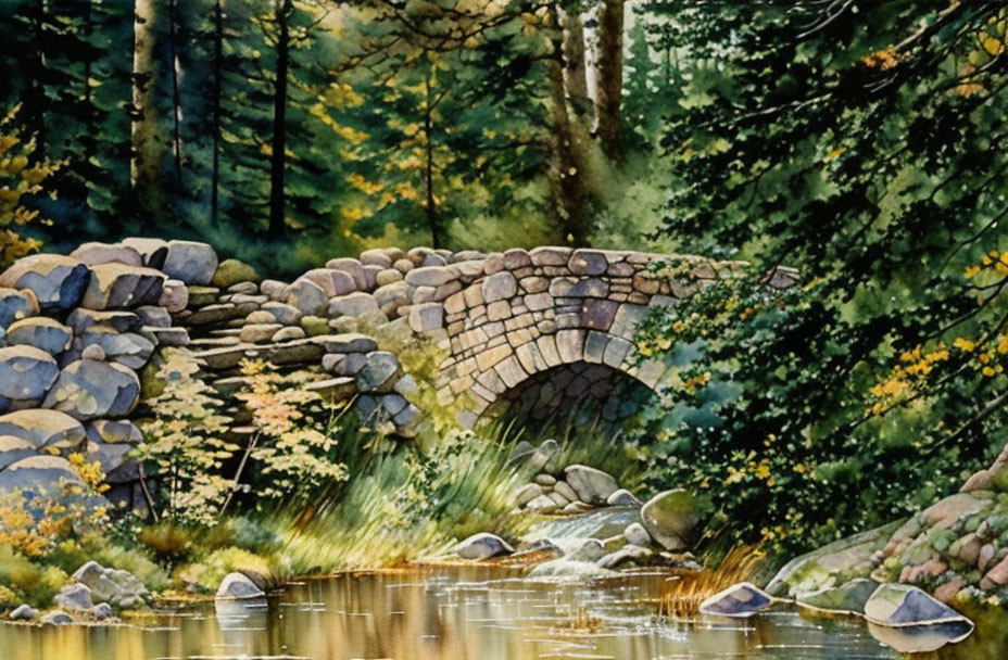 Tranquil stone bridge over stream amidst autumn woods