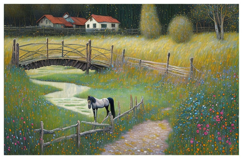 Tranquil countryside scene with horse, fence, wildflowers, path, bridge, and houses