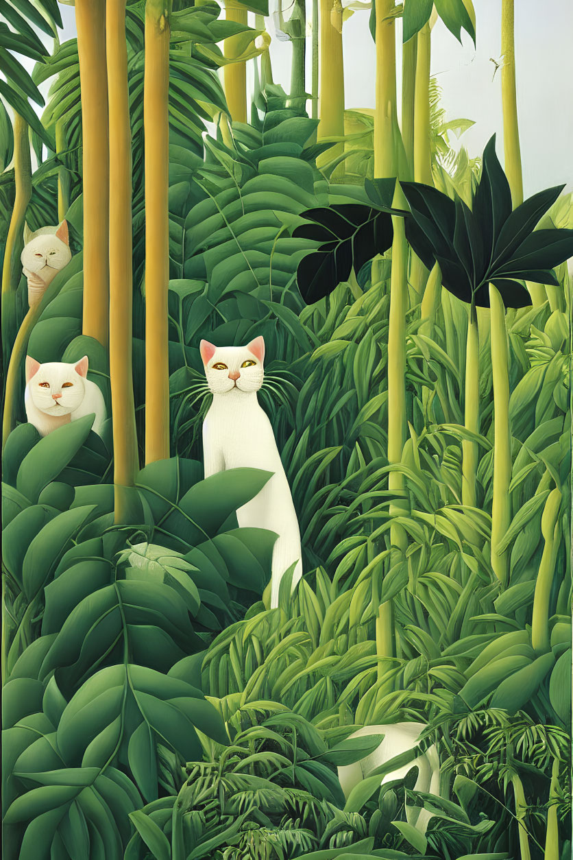 Digital Artwork: White Cats in Bamboo Forest