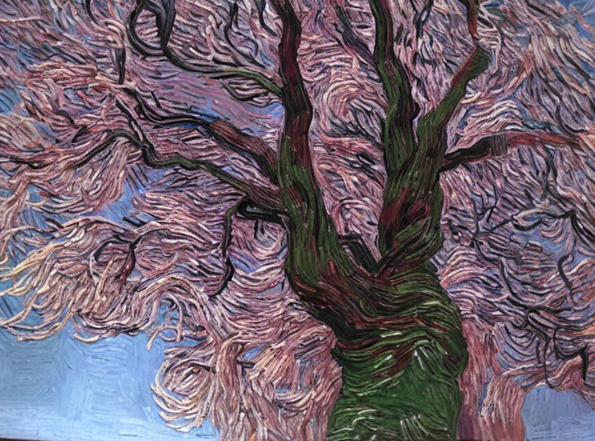 Swirling tree painting on textured blue background, post-impressionistic style