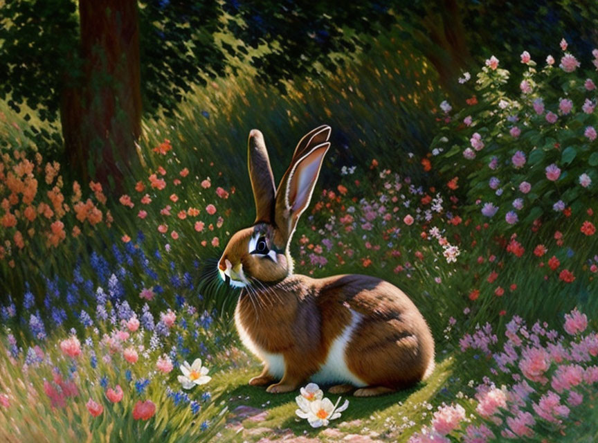 Rabbit in lush meadow surrounded by vibrant wildflowers