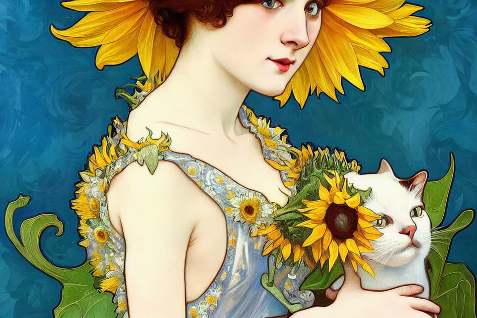 Lady, Sunflowers, White cat style by art nouveau