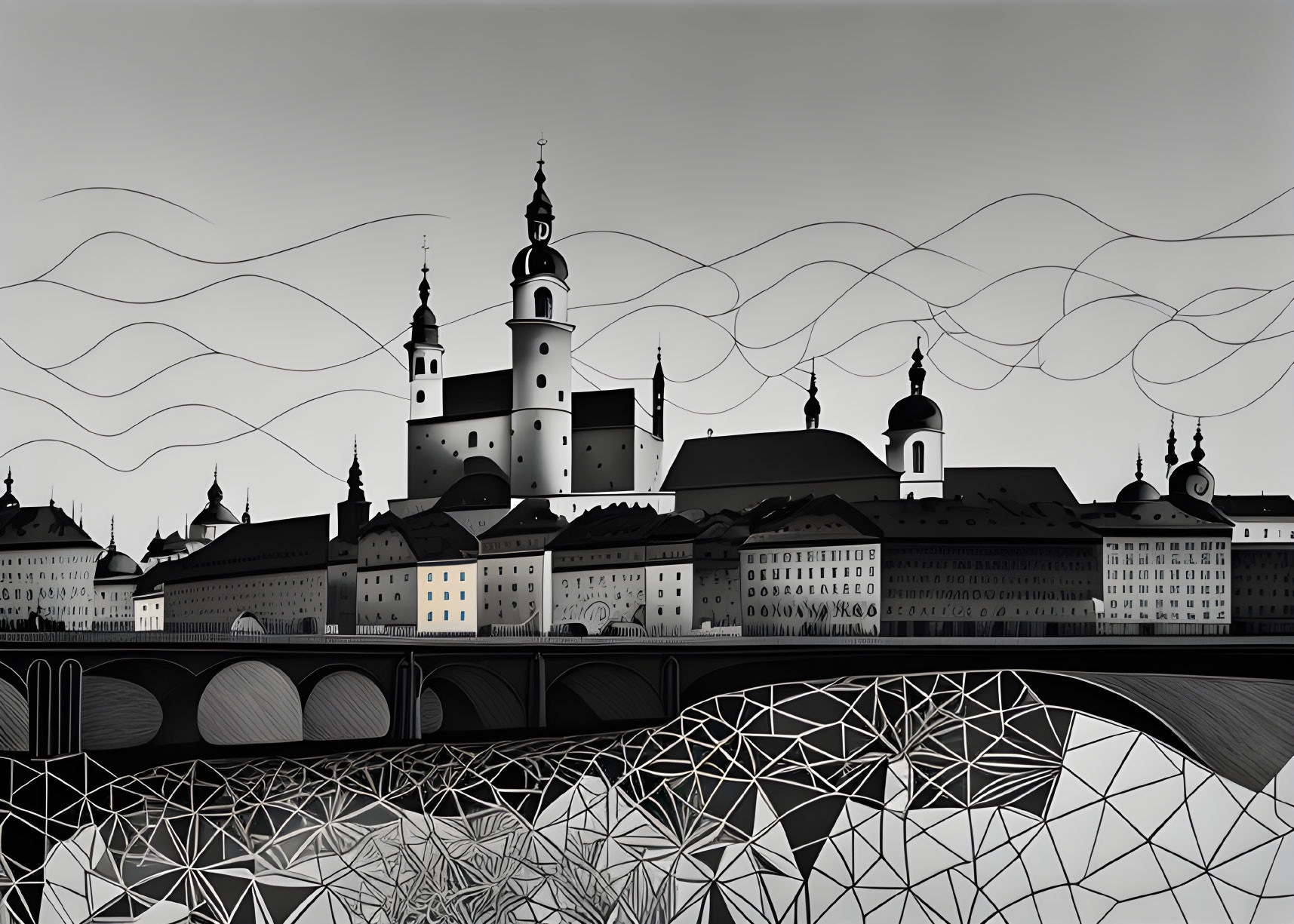 Monochrome cityscape art with domed buildings and patterned bridge.