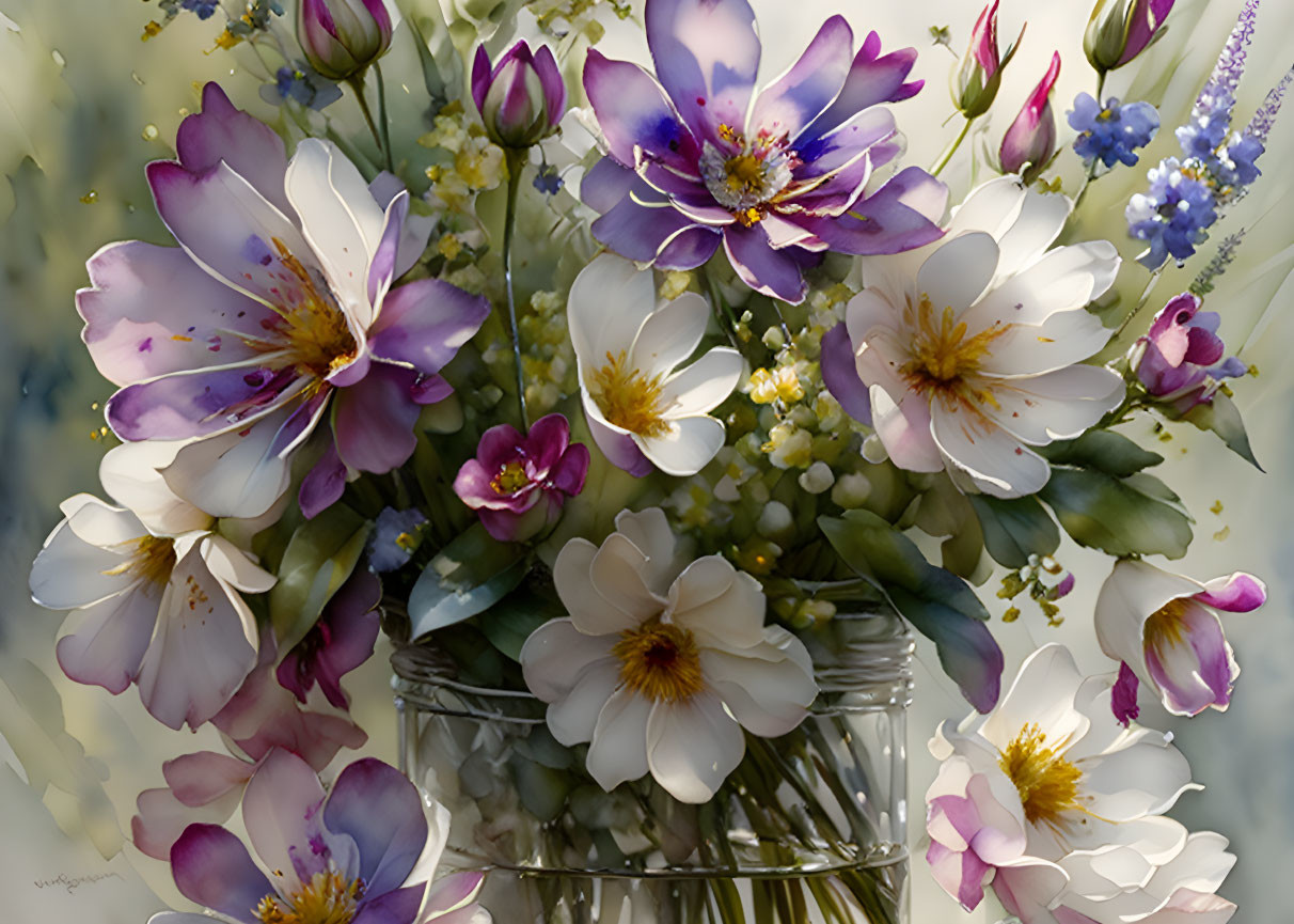 Mixed Purple, Pink, and White Flowers in Glass Vase with Dreamy Background