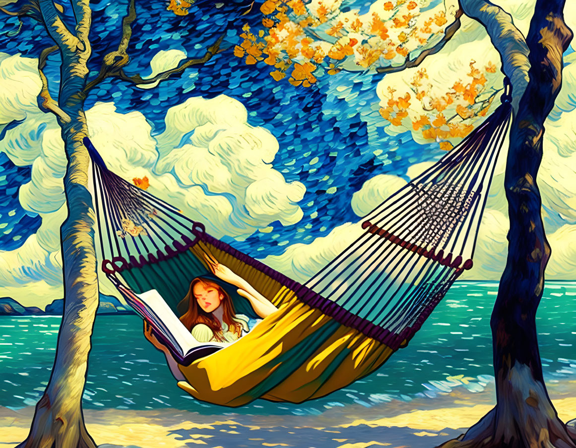 Person reading book in colorful hammock between trees with autumn leaves and swirling clouds