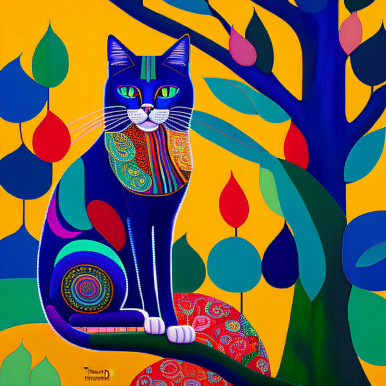 Multicolored cat with intricate patterns on yellow background and blue tree