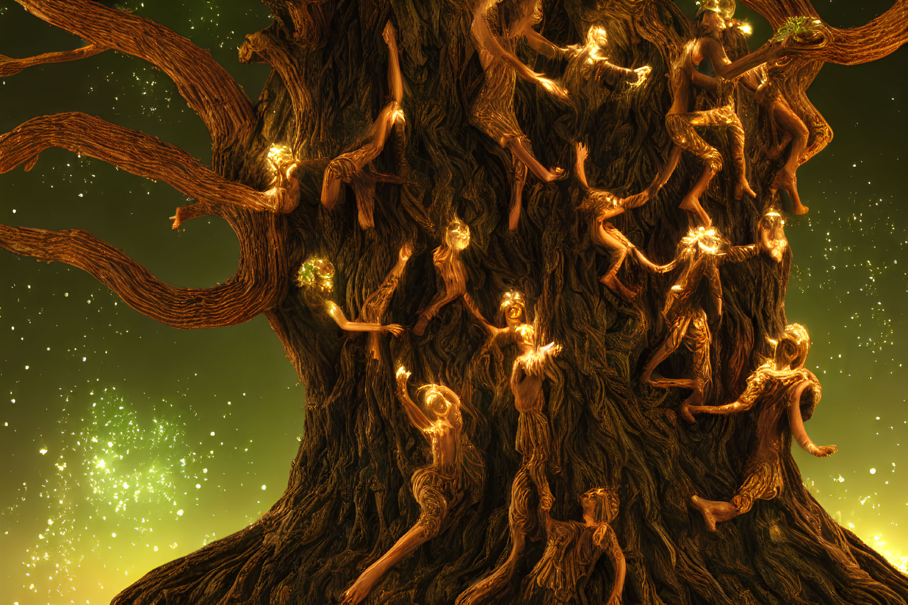 Mystical tree with human-like figures under starry sky emitting green glow