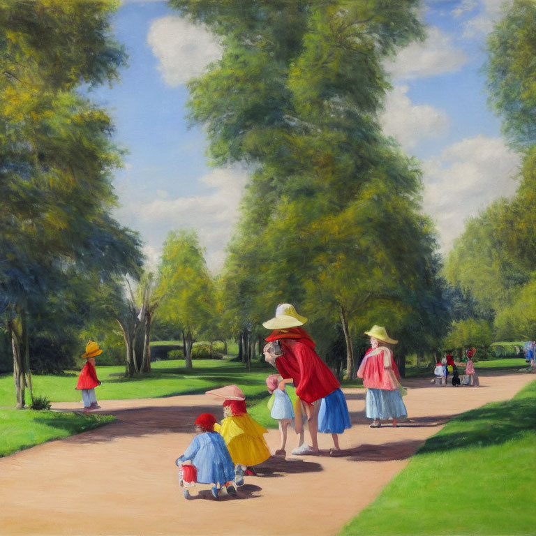 Park scene with people strolling and children playing under blue sky