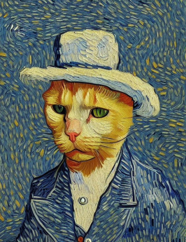 Cat with human-like features in Van Gogh-style painting wearing straw hat and blue jacket against swirling star