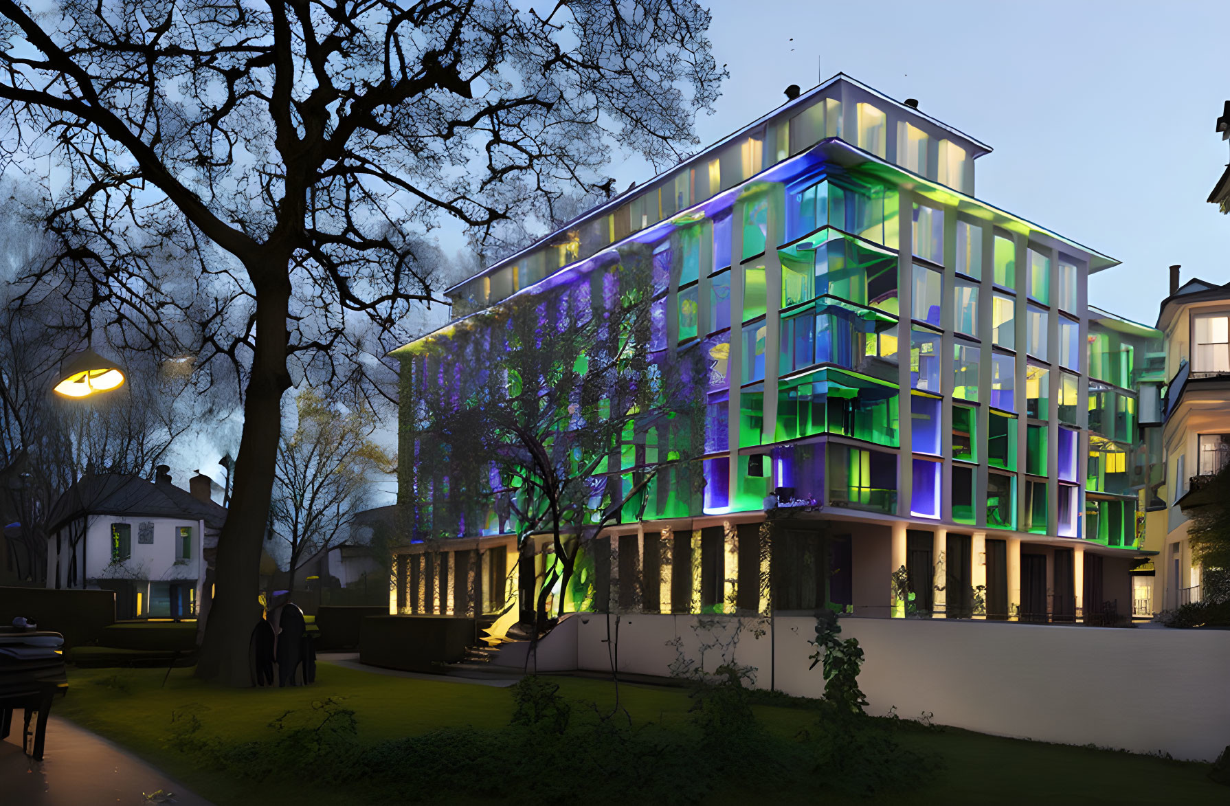 Modern Building Lit with Green and Purple Lights at Dusk