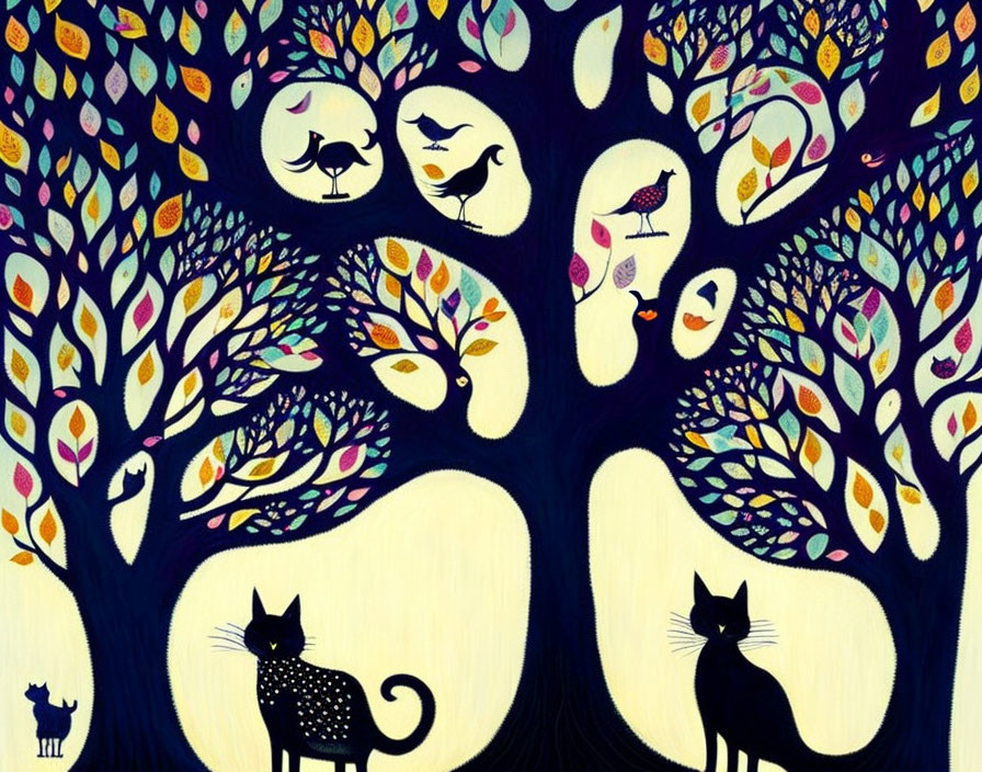 Colorful Animal Shapes in Vibrant Tree Illustration