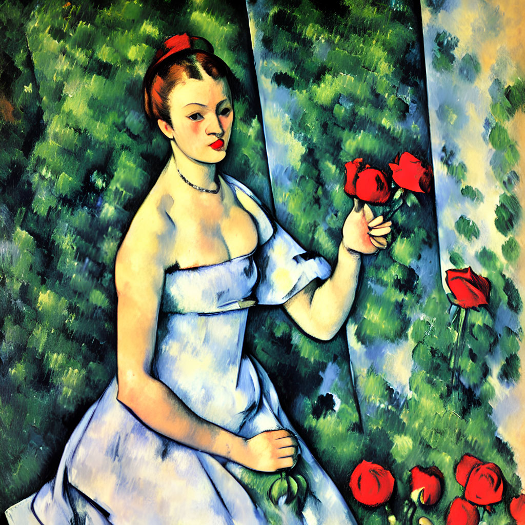 Portrait of Woman with Auburn Hair in White Dress Holding Flower Stem