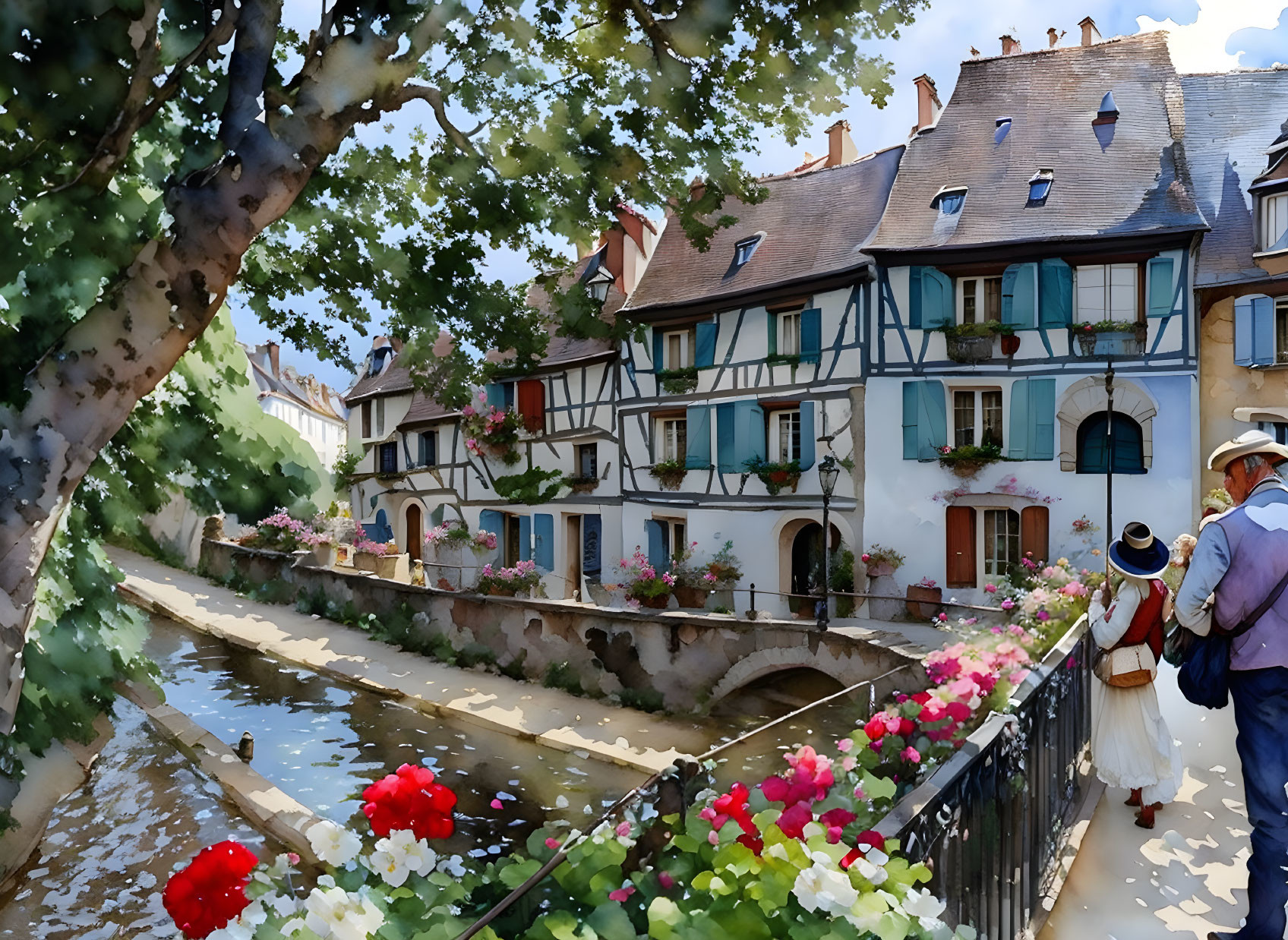 Couple by flower-adorned bridge overlooking canal and quaint houses.