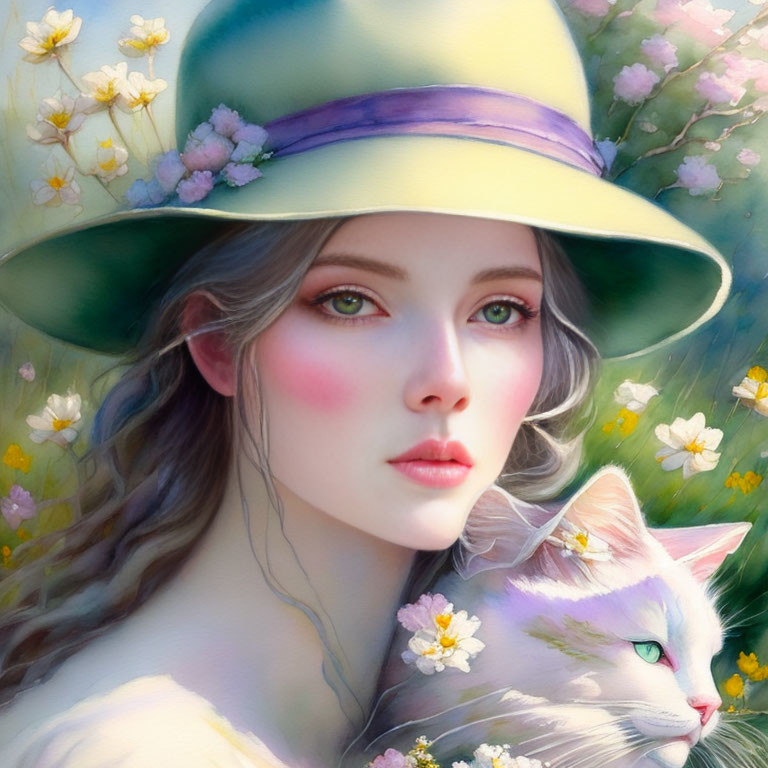 Fair-skinned woman with green eyes in pastel hat holding white cat on floral backdrop