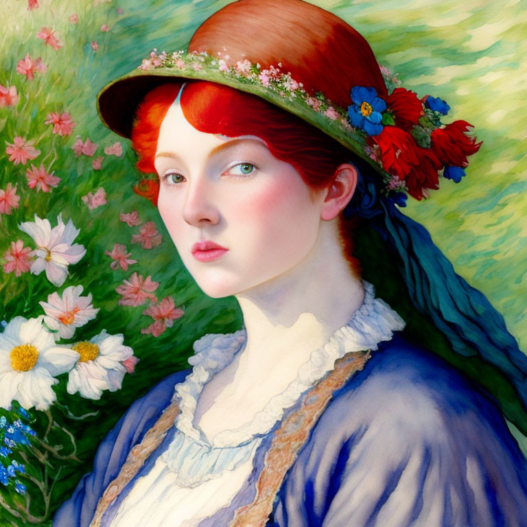 Portrait of woman with red hair in floral hat & blue dress on floral backdrop