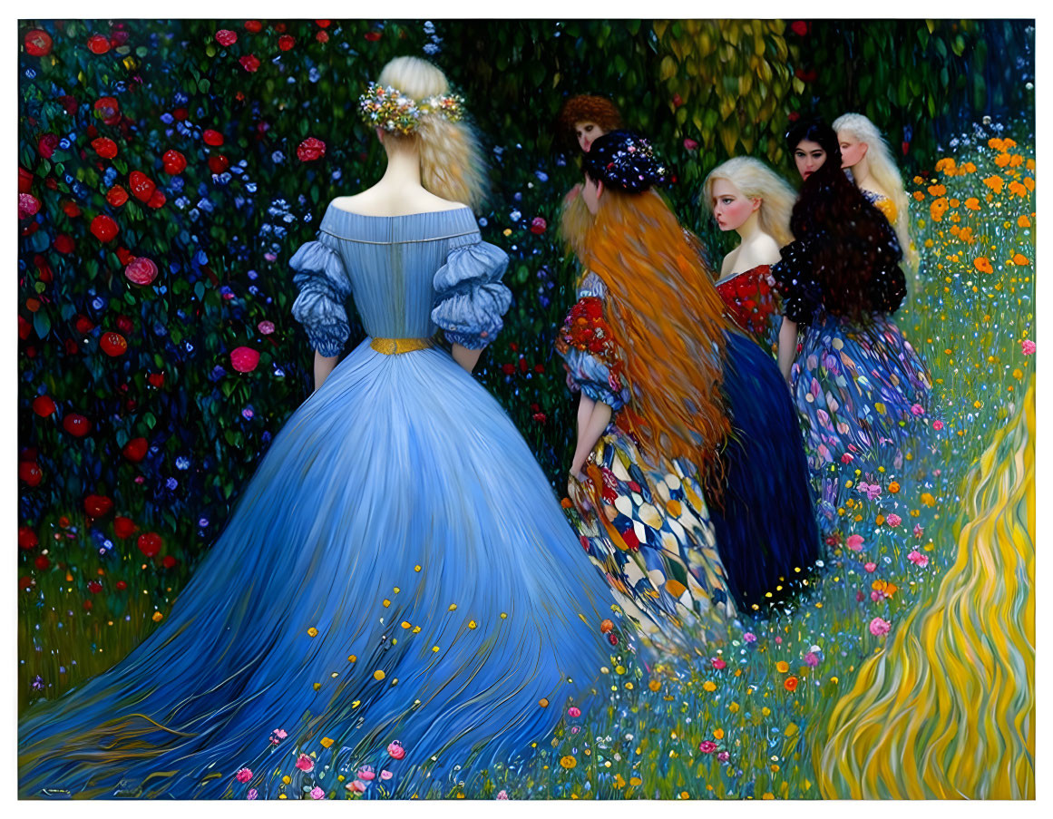 Five women in vintage dresses with long flowing hair in a lush garden.