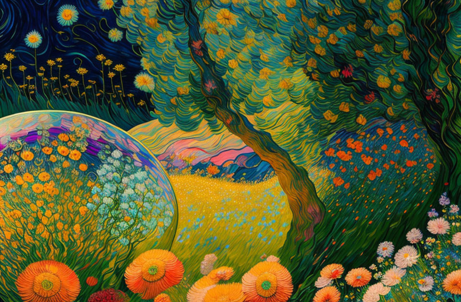 Colorful Painting of Whimsical Tree with Flowers and Reflective Orb