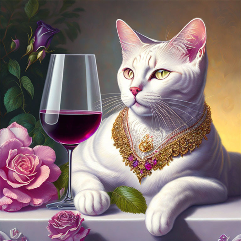 White Cat with Gold Necklace Beside Wine and Roses