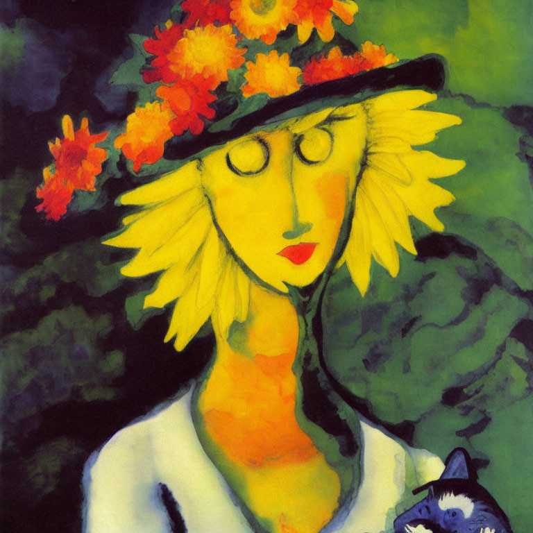 Abstract portrait of figure with yellow hair and red flower hat, holding black cat on green background