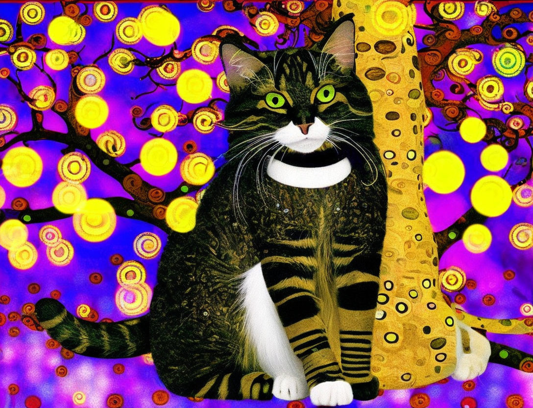 Tabby Cat with Green Eyes in Front of Colorful Abstract Background