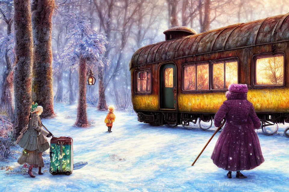 Winter scene with people, child, and train surrounded by frosty trees