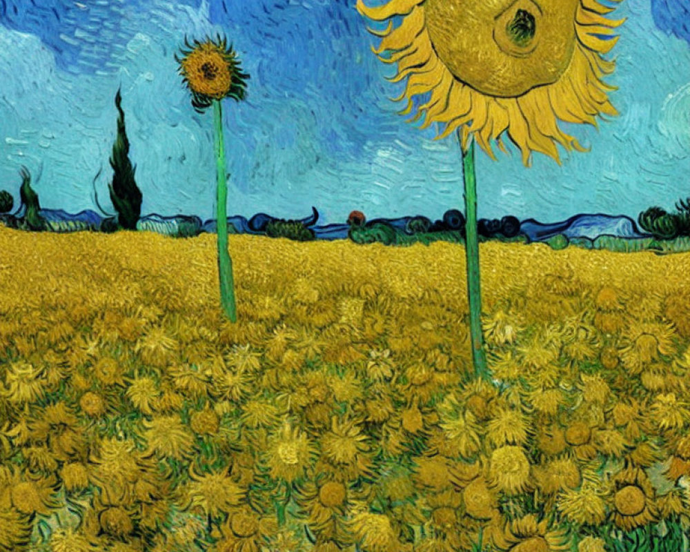 Impressionist style sunflower field painting with bold yellow flowers