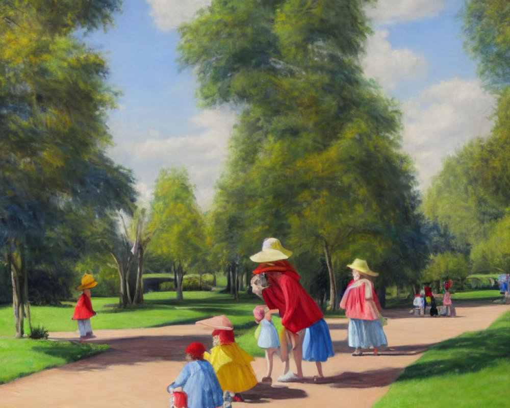 Park scene with people strolling and children playing under blue sky