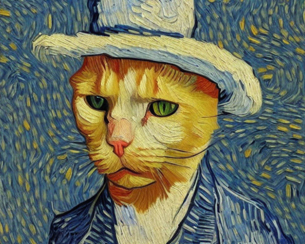 Cat with human-like features in Van Gogh-style painting wearing straw hat and blue jacket against swirling star