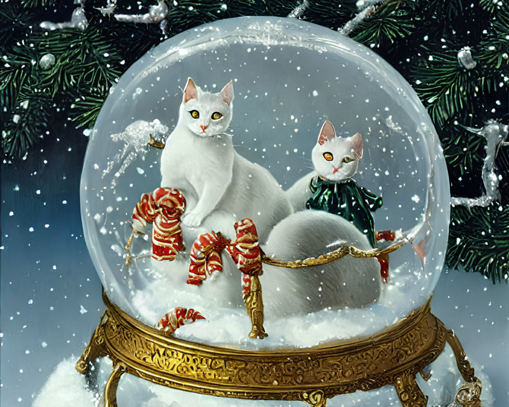 White Cats Snow Globe with Festive Decorations and Snowy Pine Branches