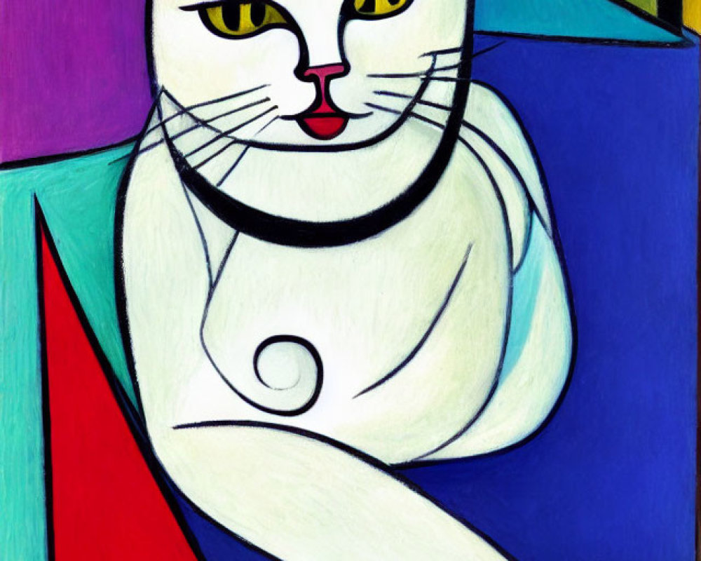 Stylized white cat painting with black lines on colorful geometric backdrop
