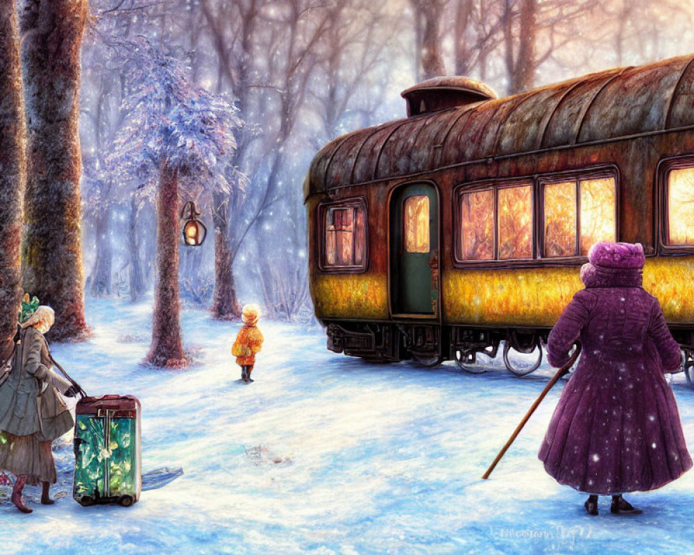 Winter scene with people, child, and train surrounded by frosty trees