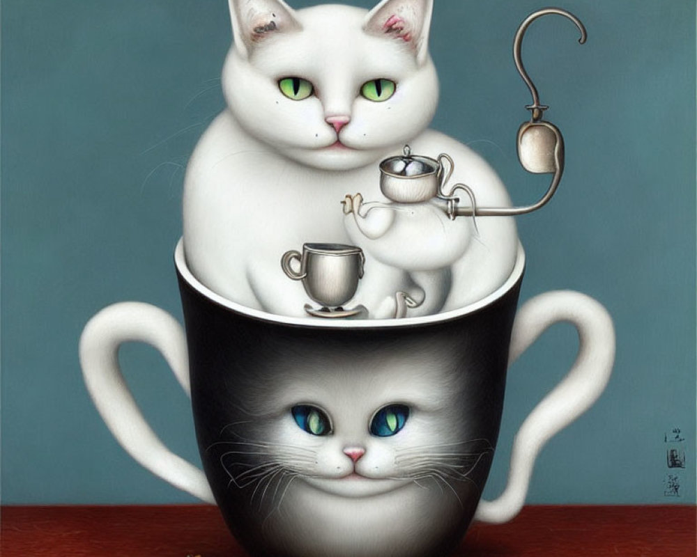 Whimsical illustration of two cats in teacup scene