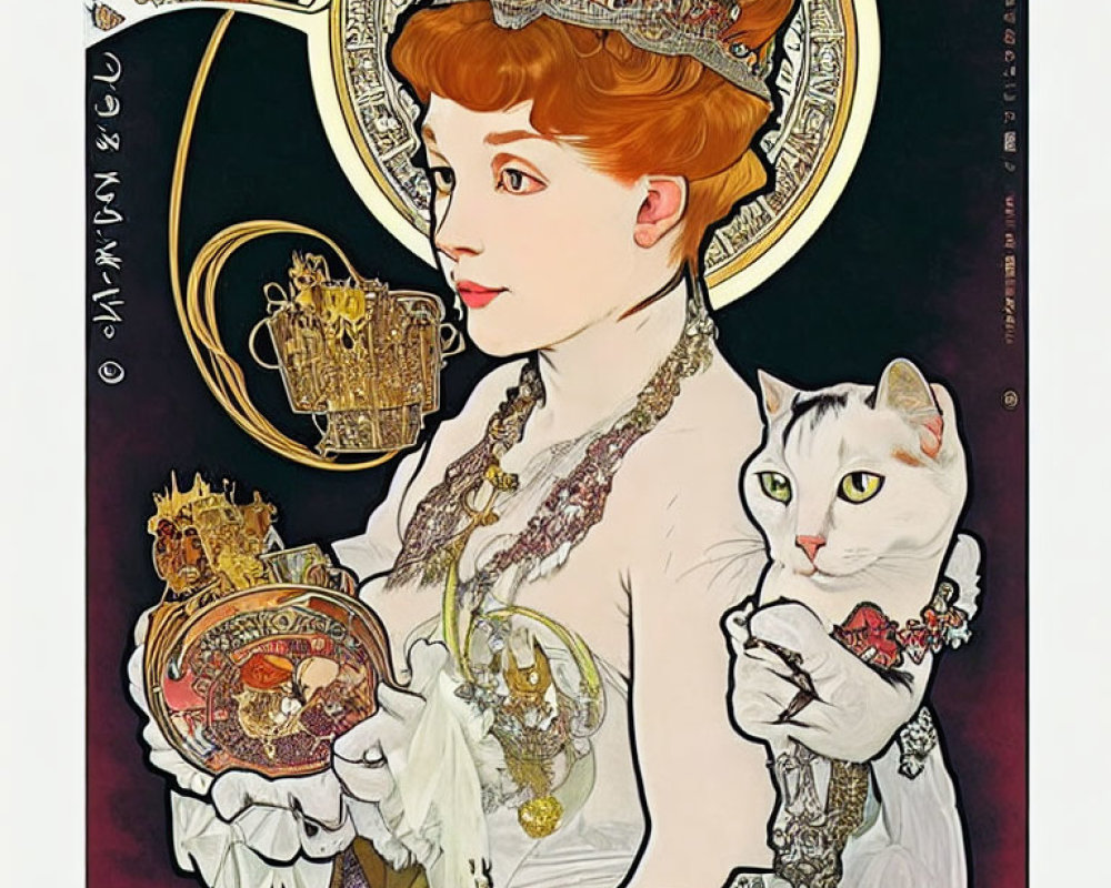 Woman in elegant attire with headdress holding cat and ornament in art nouveau background.