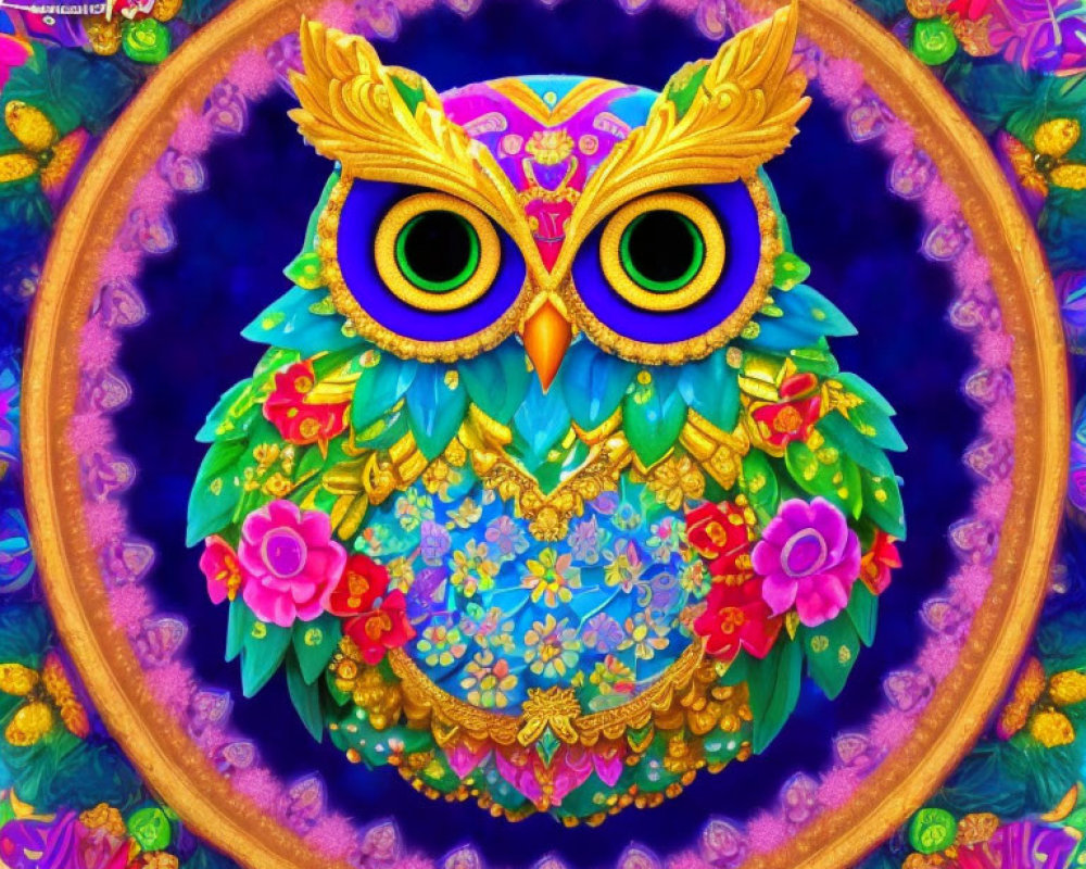 Colorful Stylized Owl Illustration with Floral Patterns on Purple Background