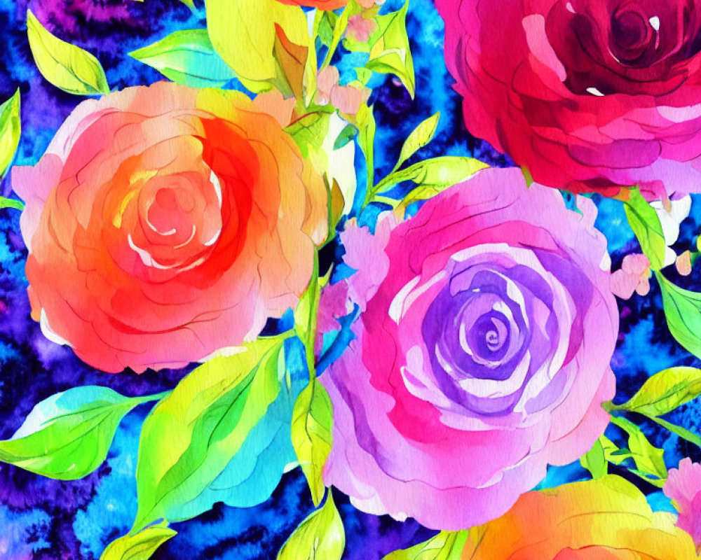 Colorful Watercolor Painting of Multicolored Roses on Textured Background