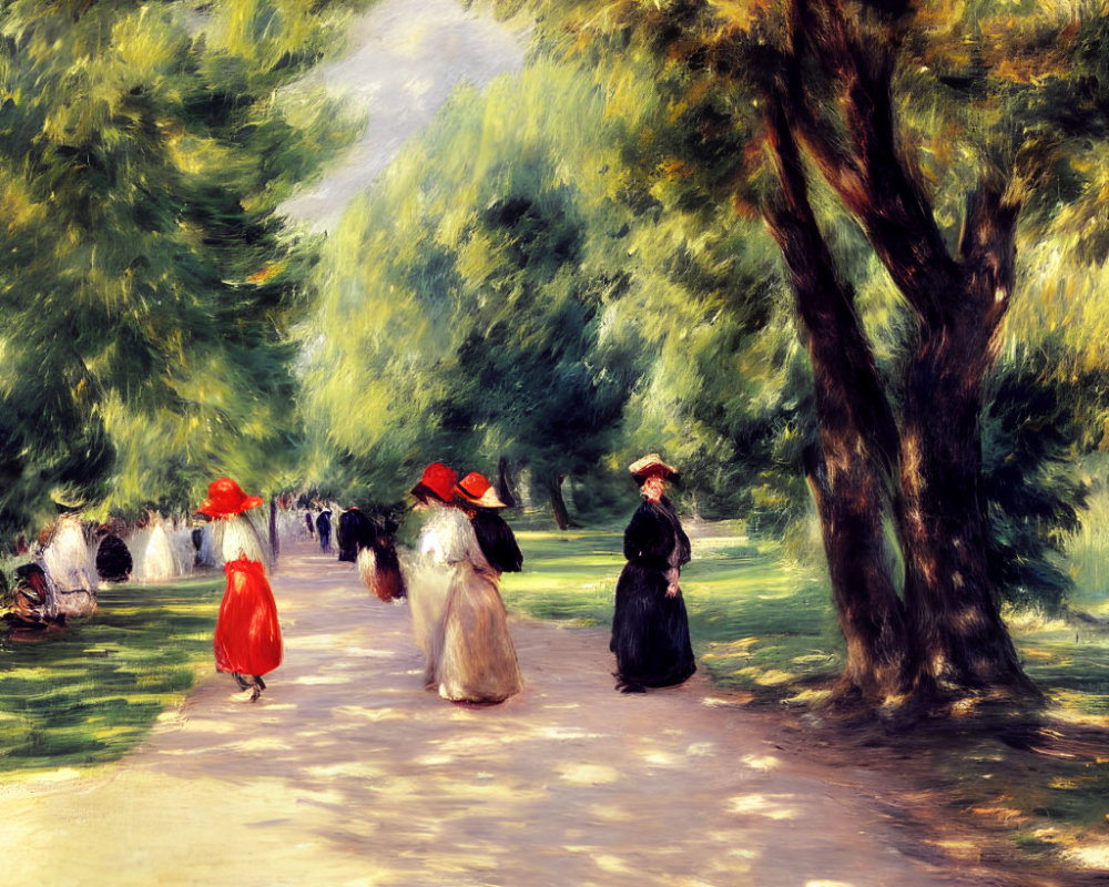 Vintage Clothing Women Walking Down Tree-Lined Path