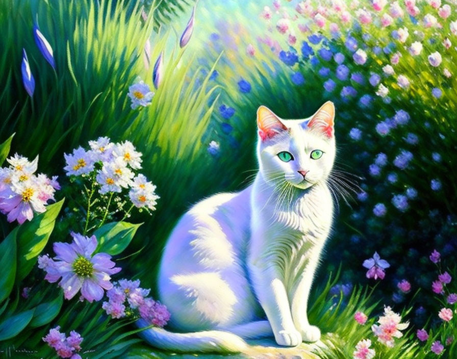White Cat with Green Eyes Surrounded by Colorful Flowers in Sunny Garden