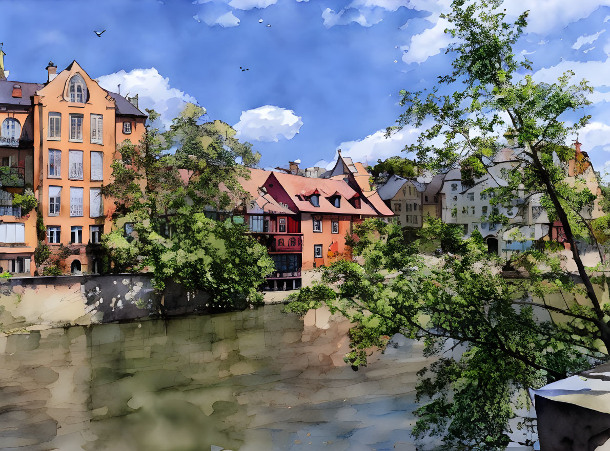 Vibrant European-style buildings by river with lush greenery