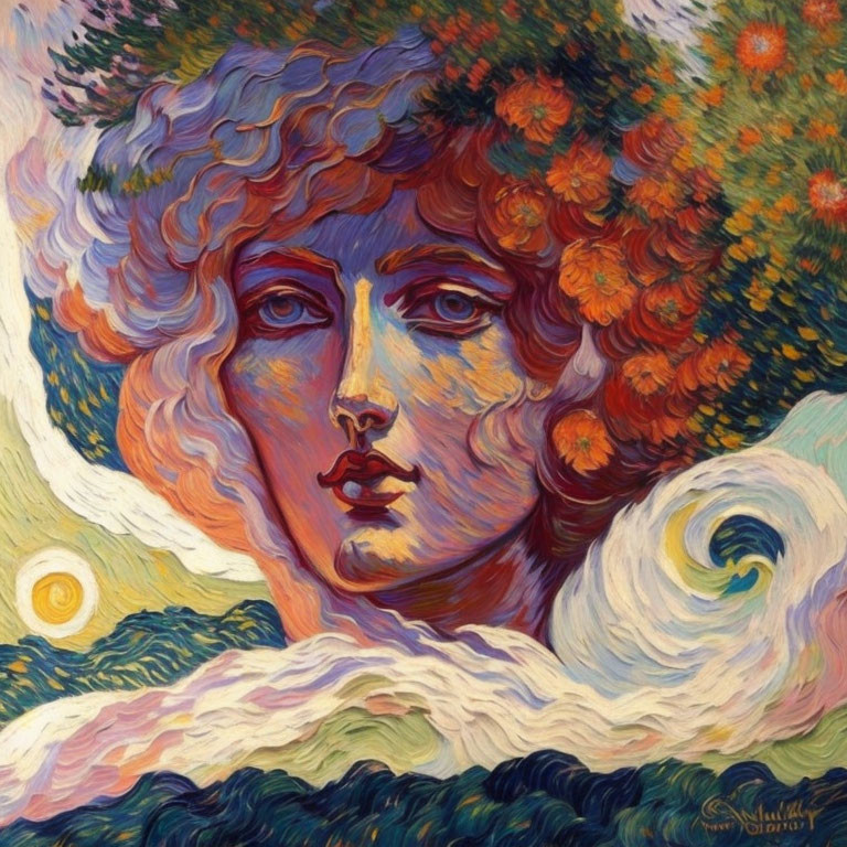 Vibrant painting of female face with floral hair in swirling sky