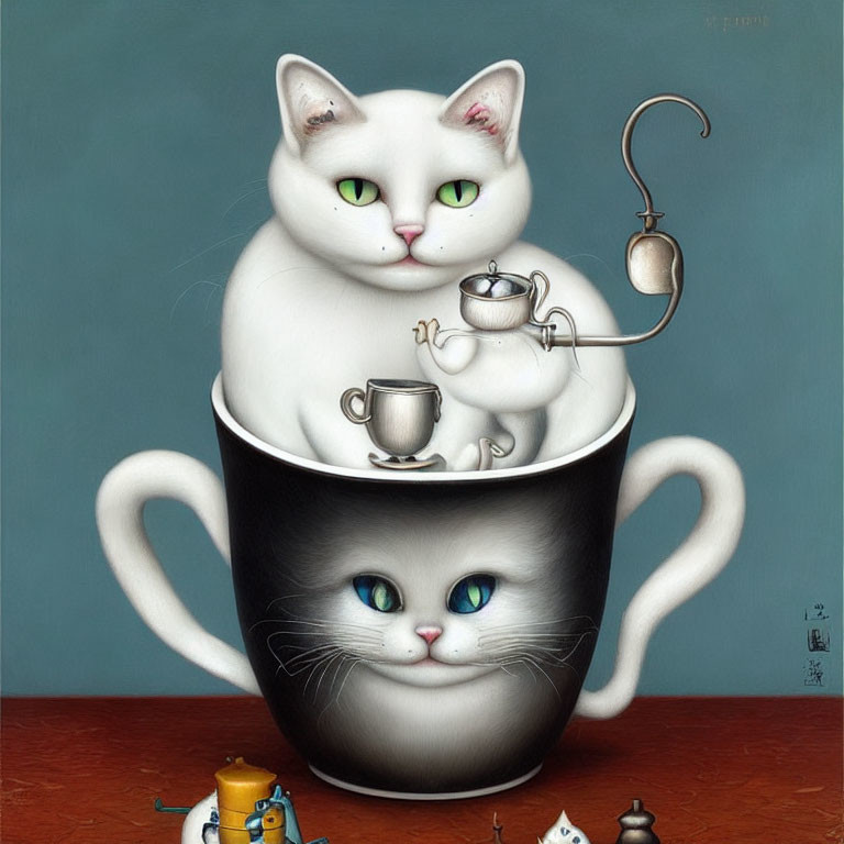 Whimsical illustration of two cats in teacup scene